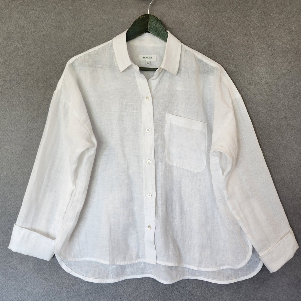 Haven Well Within Oversized S Blouse Womens Boxy Button Down‎ 100% Linen White
